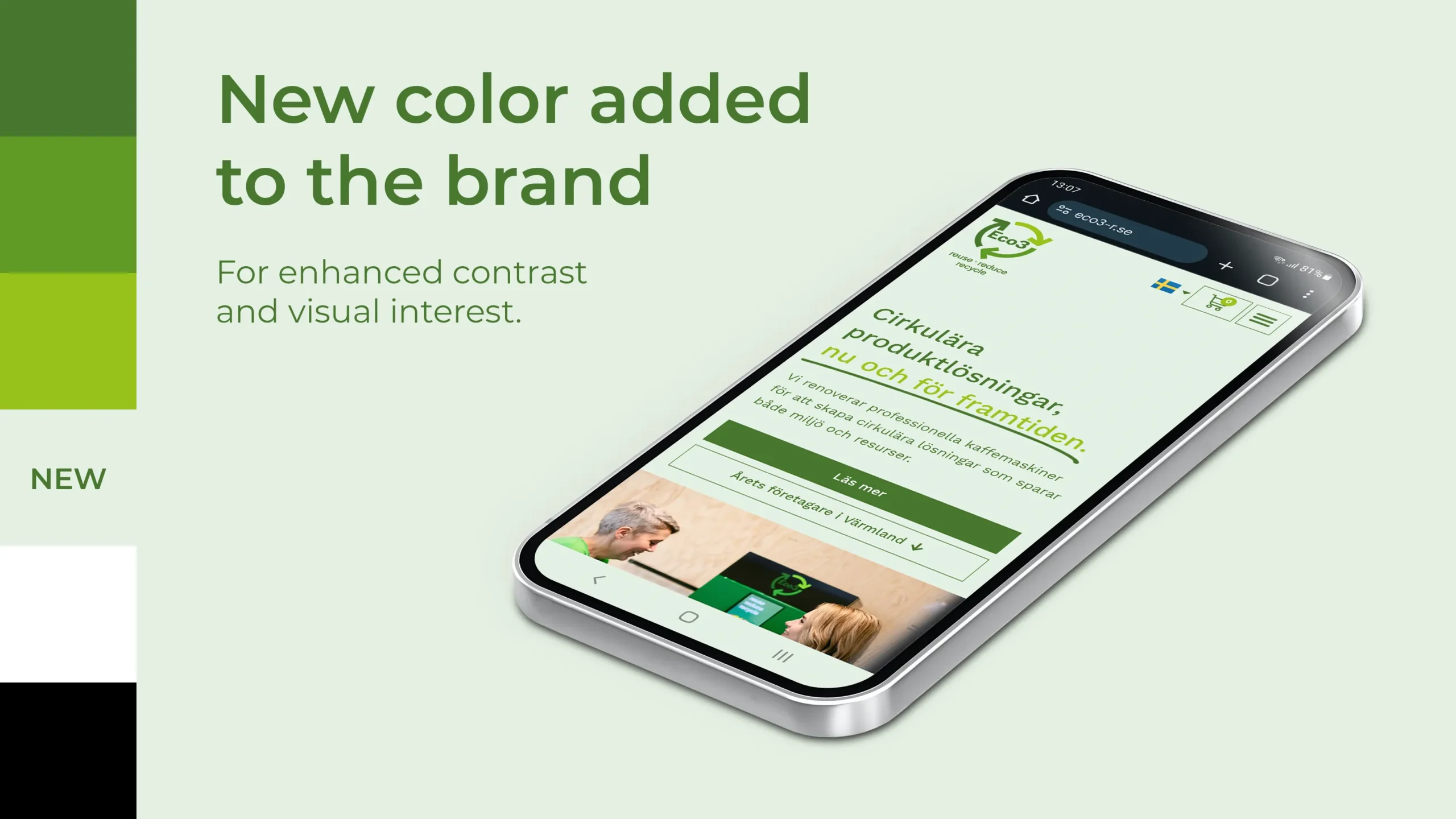 A mobile displaying a fresh online presence for Eco3 and their new color scheme for their visual identity.