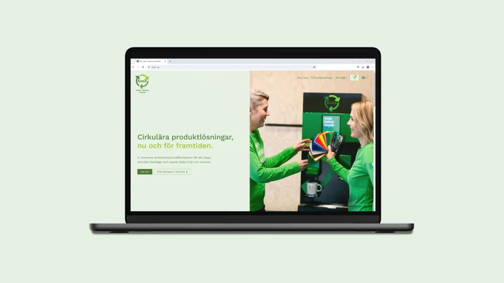 A laptop that is showing the fresh online presence for Eco3. The website is made by Johan Kolmodin at Ojaru.