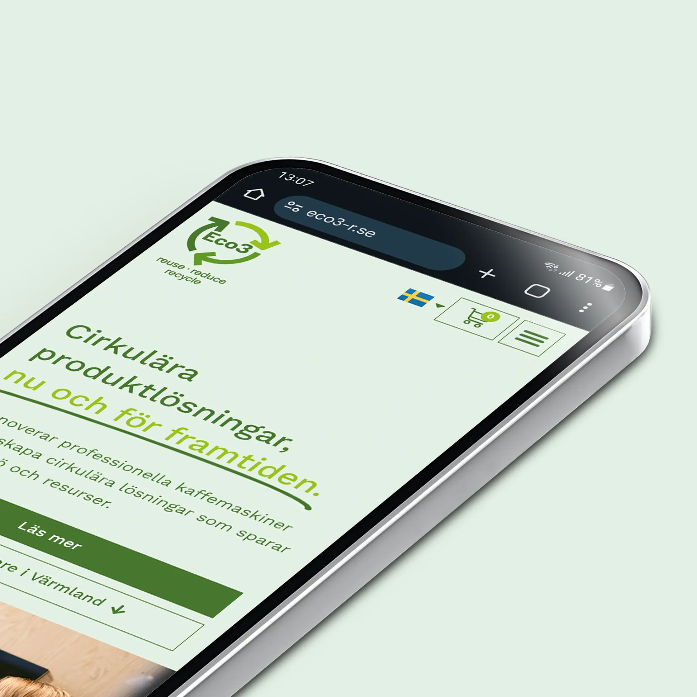 A mobile displaying a fresh online presence for Eco3.