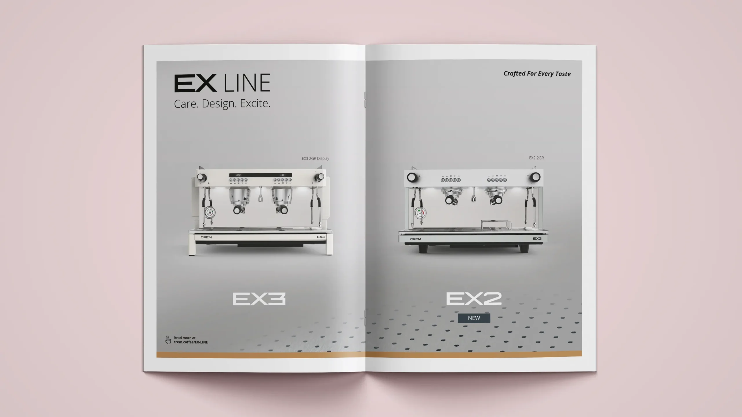 A spread from Crem's EX Line product brochure created by Ojaru. The spread shows images of a white EX3 and the new EX2.