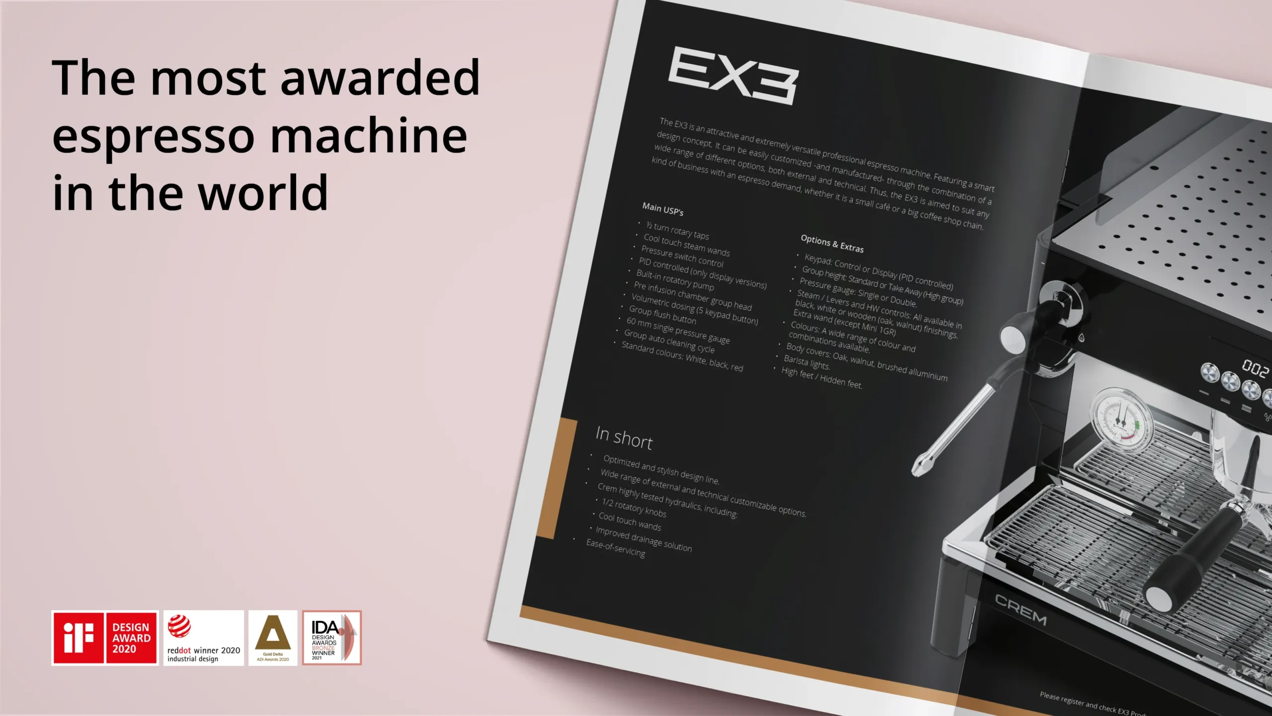 A spread from Crem's EX Line product brochure created by Ojaru.. The spread presents EX3's features and usps.