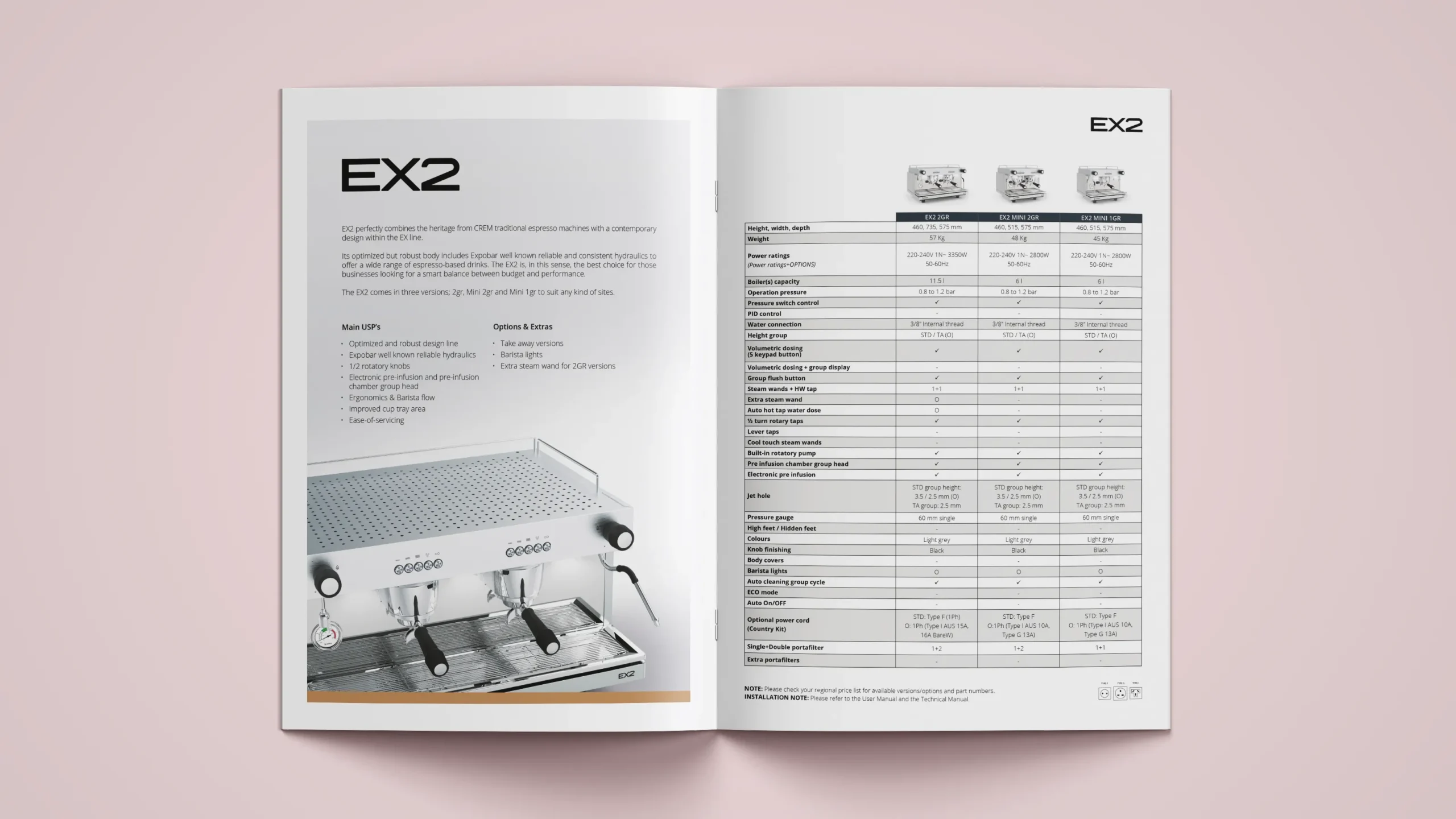 A spread from Crem's EX Line product brochure created by Ojaru. The spread presents EX2's features and usps.
